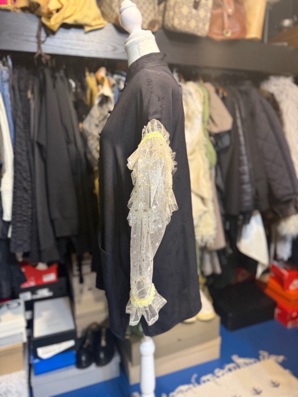 Black Silk Shirt with Oversized Puffy Tulle Sleeves - Picture 3 of 10